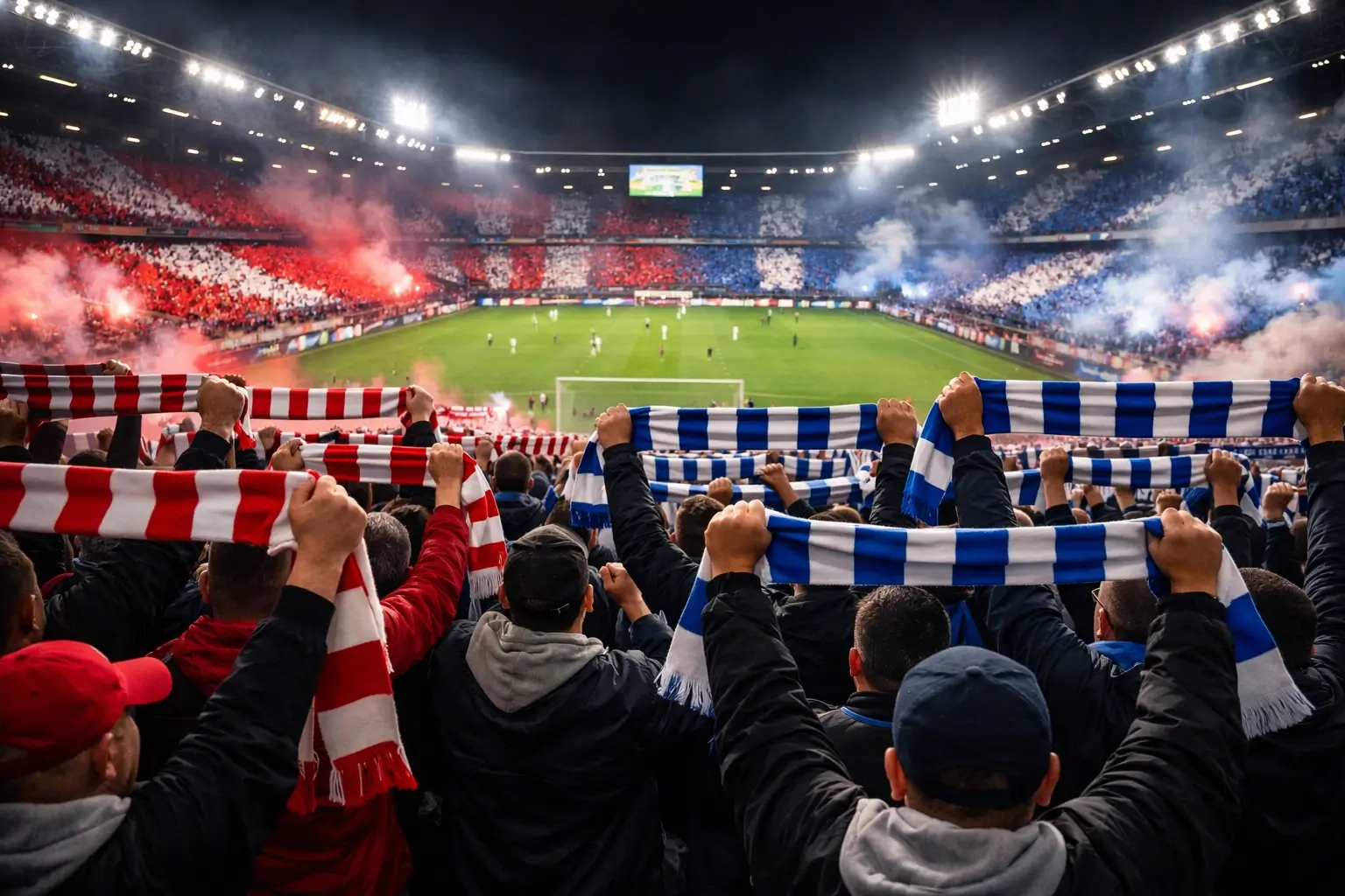 Fanoušci na tribuně vytvářející bouřlivou atmosféru při fotbalovém zápase
