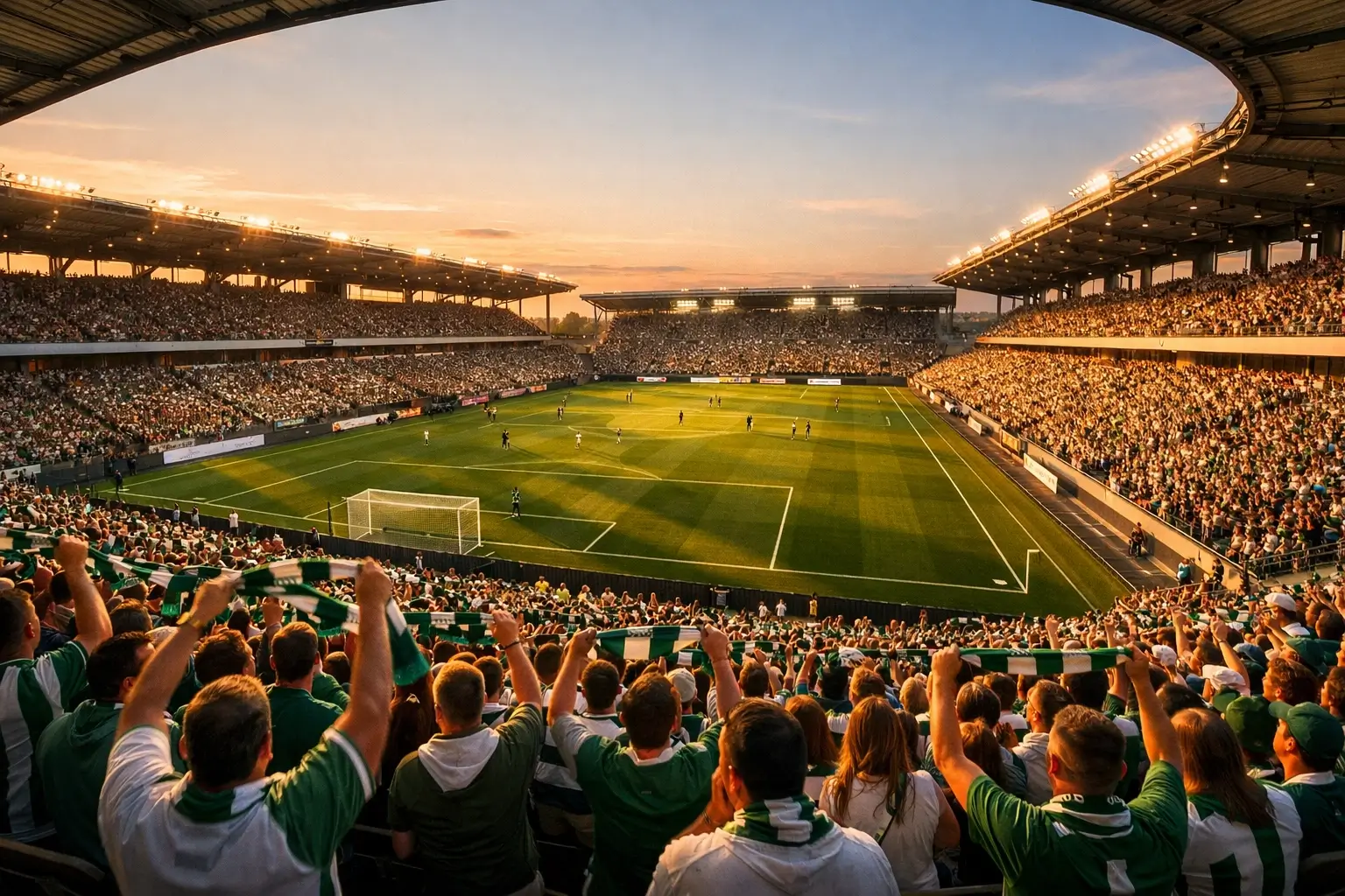 Hlavní obrázek českého fotbalového průvodce - panorama fotbalového stadionu v České republice s rozsvícenými světly a fanoušky na tribuně