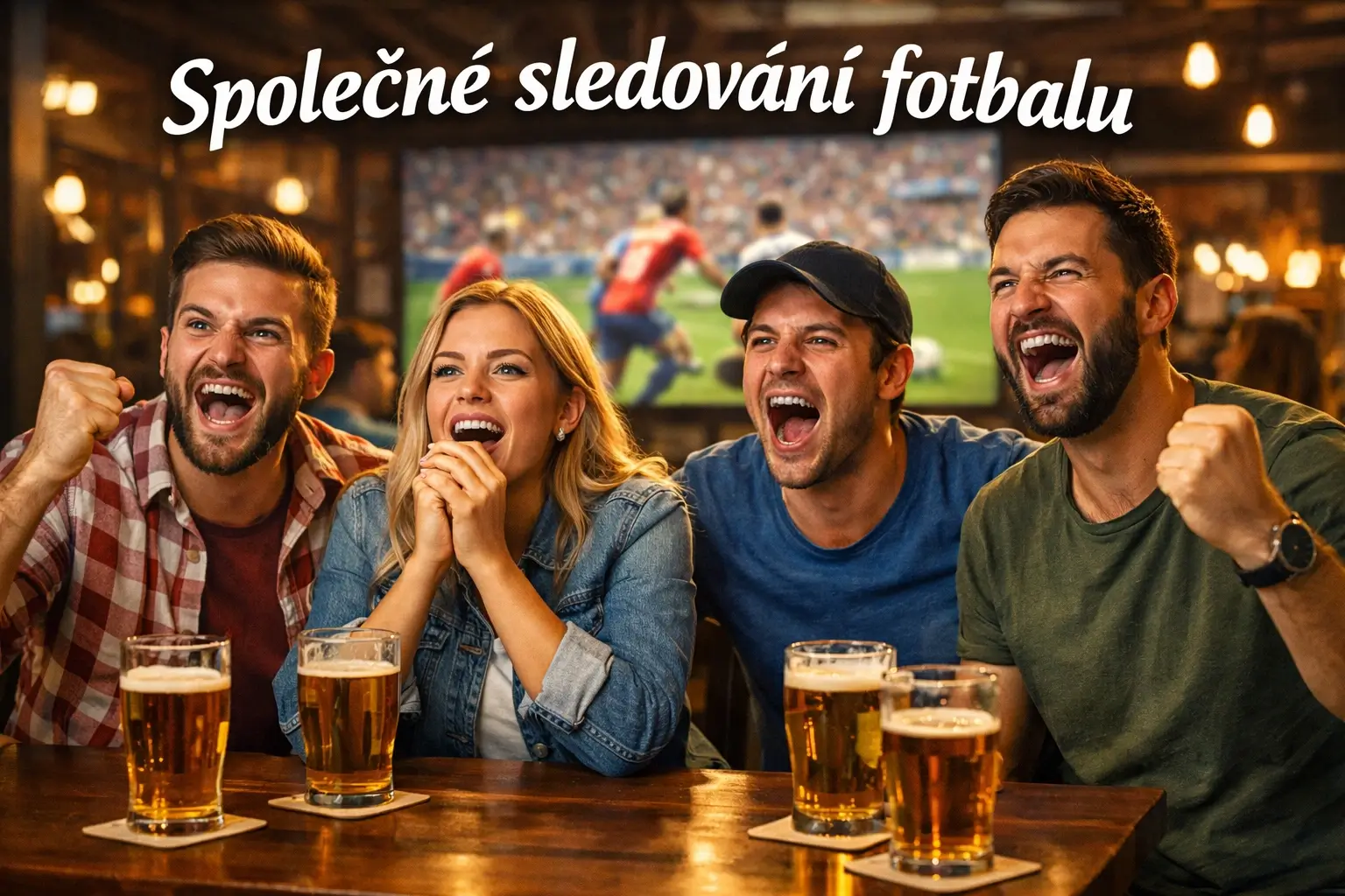 Skupina přátel sledující fotbalový zápas společně ve sportovním baru