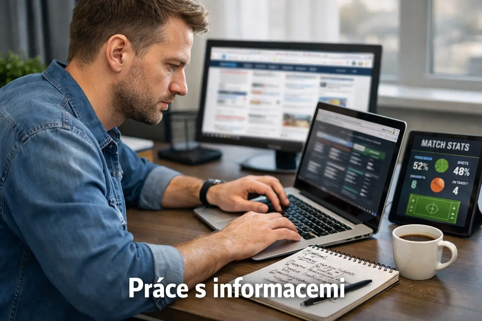 Člověk analyzující fotbalové statistiky na notebooku