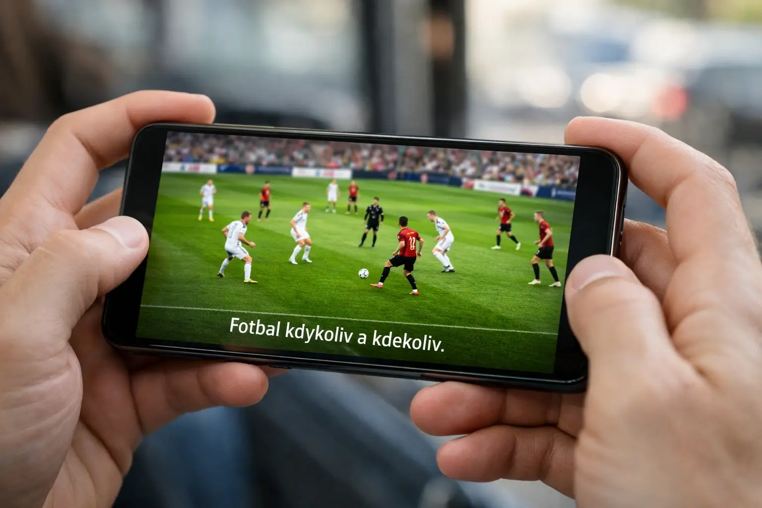 Ruce držící chytrý telefon s přenosem fotbalového zápasu