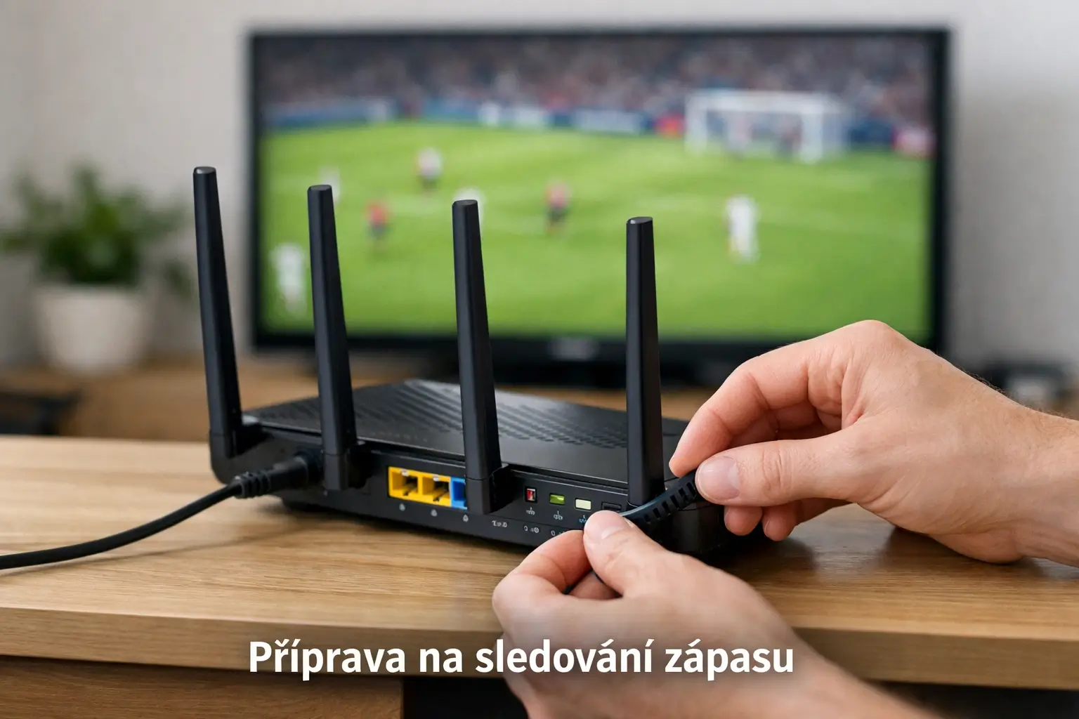 Člověk kontrolující internetové připojení před fotbalovým přenosem