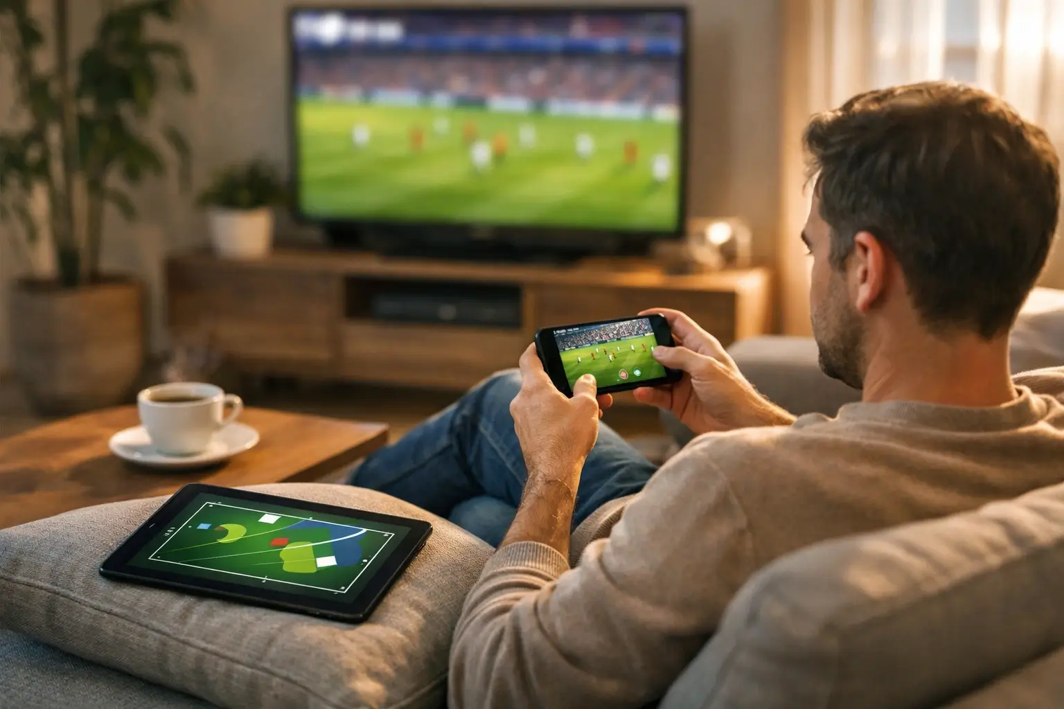 Sledování fotbalového zápasu na mobilním telefonu a tabletu