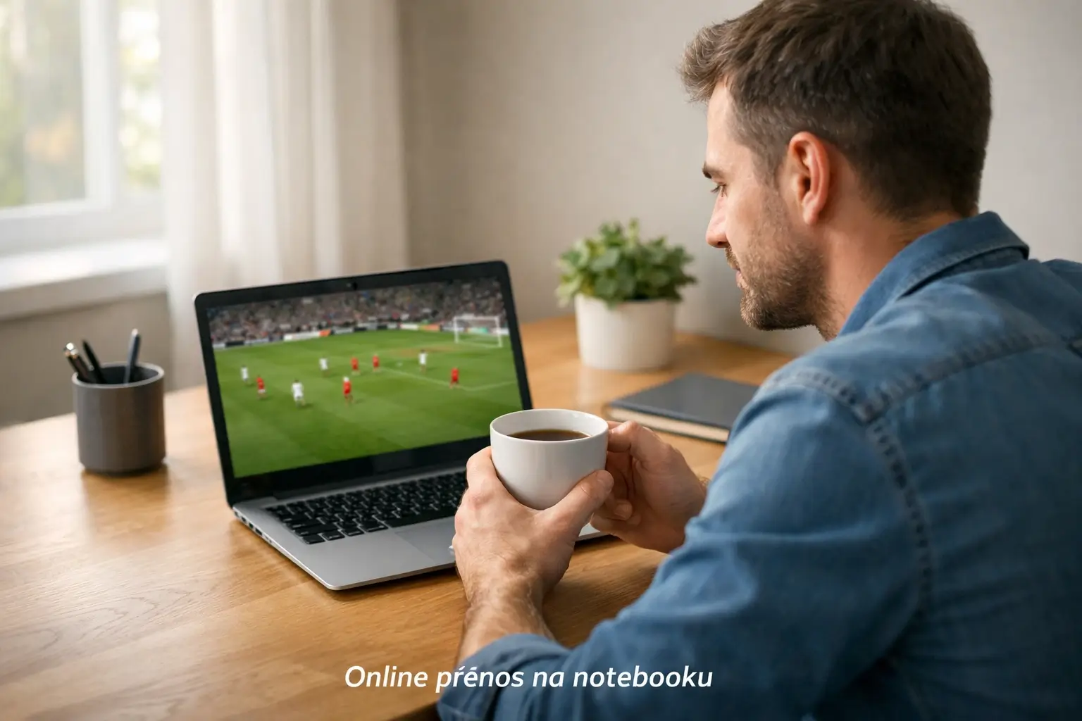 Muž sledující fotbalový zápas na notebooku s šálkem kávy