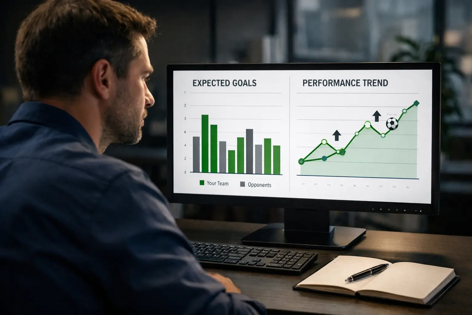 Analytik zkoumající fotbalová data na obrazovce počítače