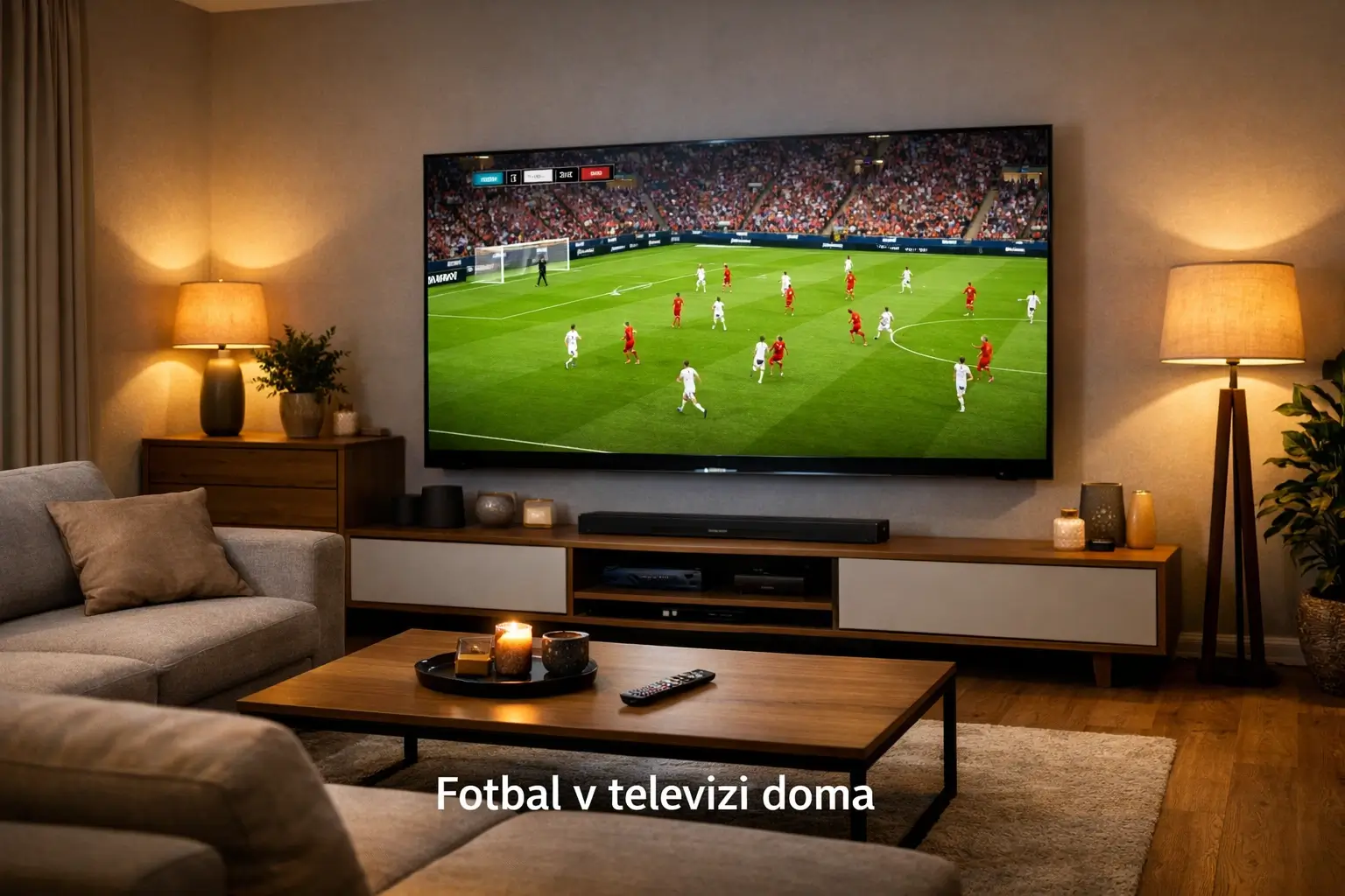 Moderní obývací pokoj s velkou televizí zobrazující fotbalový zápas